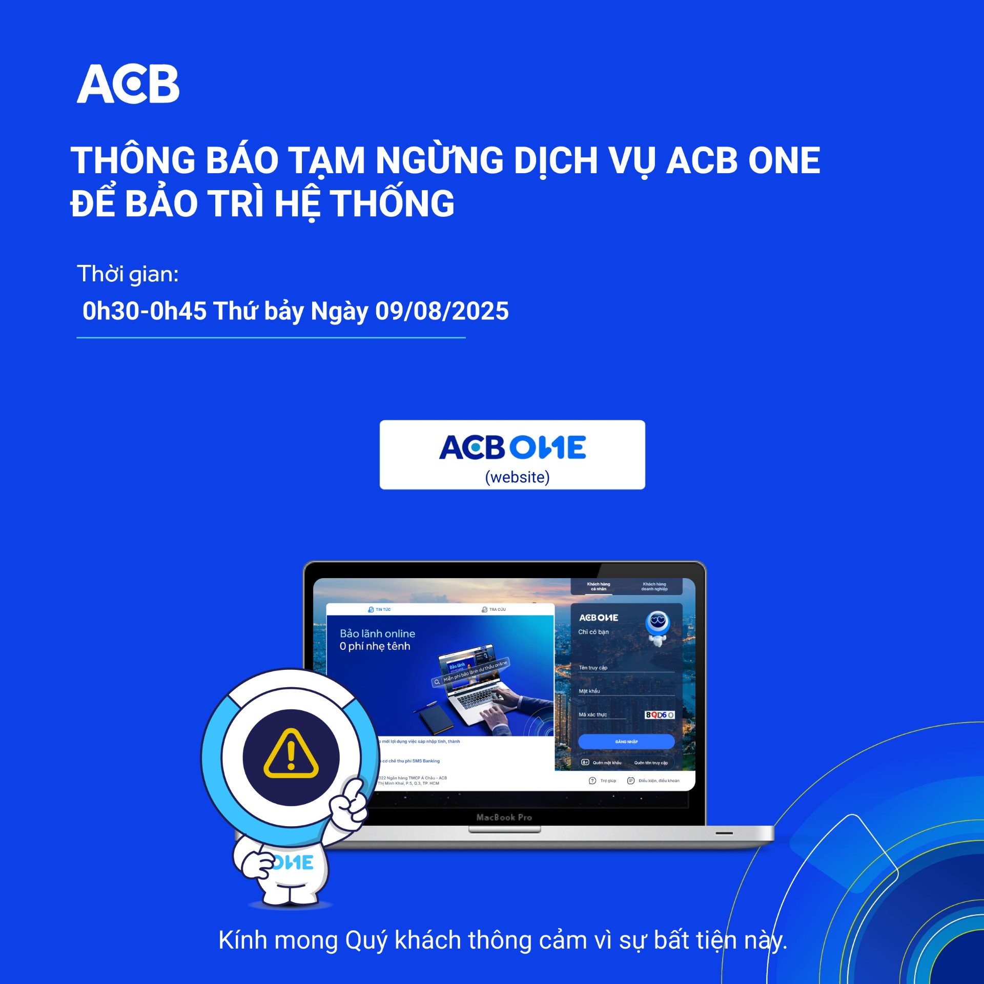 ACB Thông báo tạm ngưng dịch vụ ACB ONE để bảo trì hệ thống