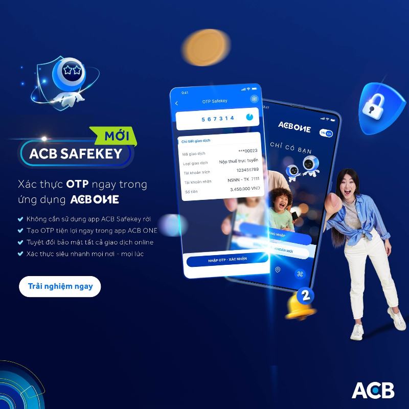 ACB Safekey được tích hợp ngay trên ACB ONE giúp giao dịch trực tuyến trên ứng dụng ngân hàng số trở nên an toàn hơn.