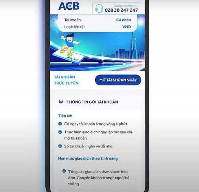 Sau khi mở Mở app ACB One, bấm vào mục “MỞ TÀI KHOẢN NGAY”